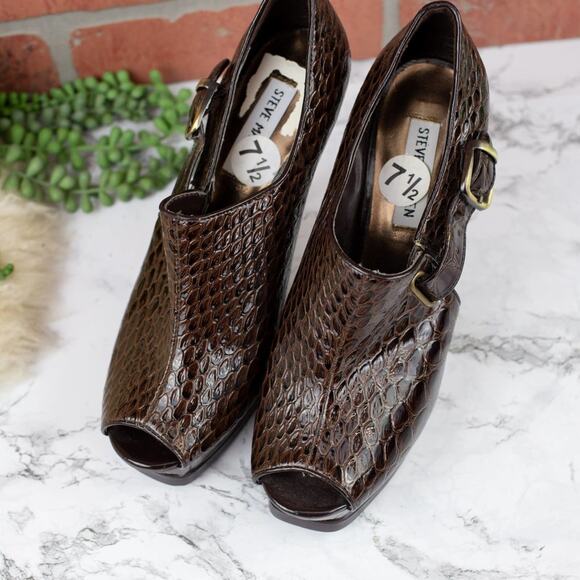 Steve Madden Fierce Brown Patent Faux Snakeskin Peep Toe Platform Heels Size 7.5 - Picture 2 of 7